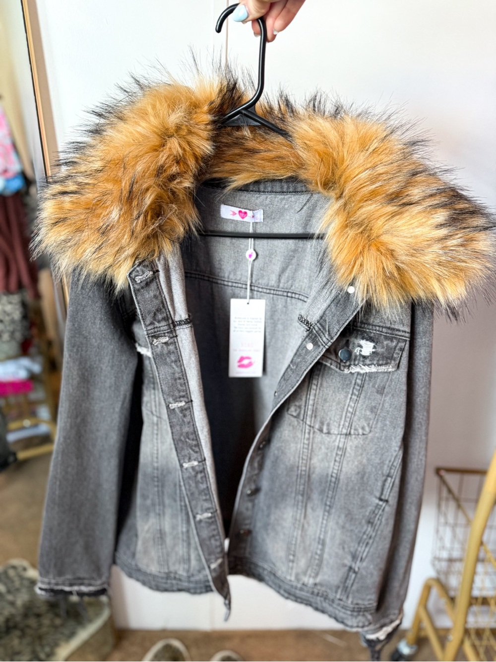 Buddy Love Gray Denim Jean Jacket with Golden Faux Fur Hood